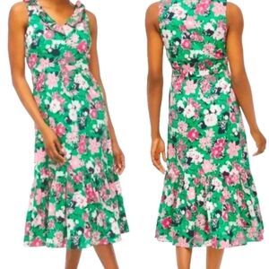 J.Crew Fitted Tropical Floral 100% Cotton Midi Dress Sleeveless Tiered Hem Sz 00